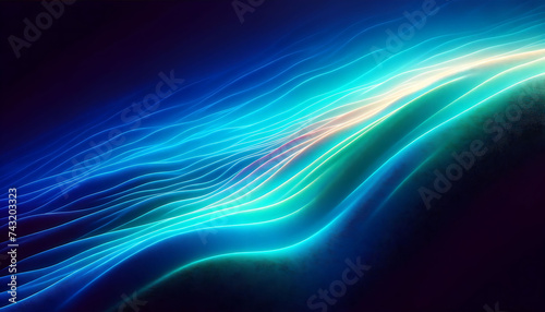 a striking array of neon blue light streams, flowing dynamically across a dark backdrop. The vibrant blue lines ripple with energy and light.