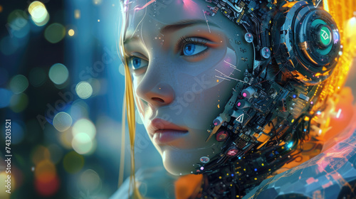 AI robot in shape of young woman, face of adult girl cyborg on abstract background, futuristic humanoid. Concept of digital technology, beauty, artificial intelligence, future
