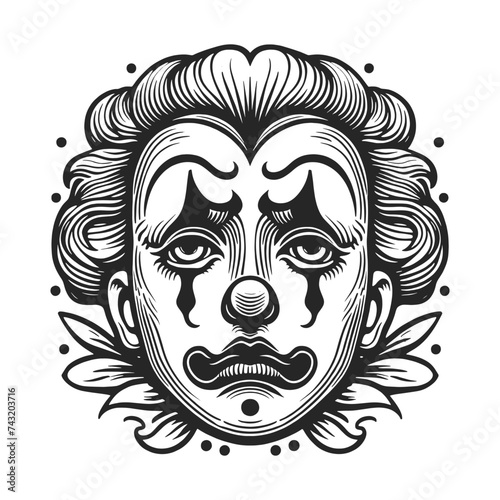Face of sad crying circus clown in makeup sketch engraving generative ai fictional character vector illustration. Scratch board imitation. Black and white image.