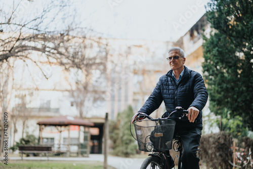 An active elderly male riding a bicycle in a serene park. He is casually dressed, suggesting a relaxed lifestyle and enjoying the outdoors.