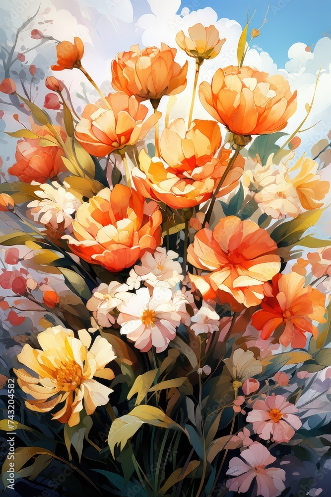 Bouquet of orange and yellow flowers against a blue sky