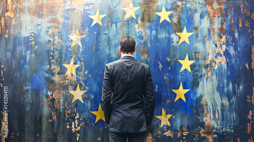 A man in suit standing in front of a shabby European Union flag with his back to the camera. Political banner for eurozone policy economy perspectives challenges photo