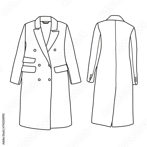 Template vector Hand drawn ink sketch of Handmade Buttoned Wool Coat line art, suitable for your custom women jacket design, outline vector doodle illustration, front and rear view isolated on white
