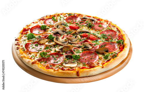 Pizza with mushrooms, salami and vegetables isolated on white background.