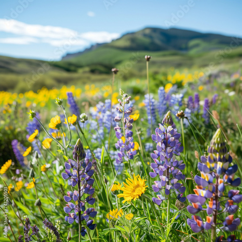 Sunny Meadow with Colorful Wildflowers and Rolling Hills