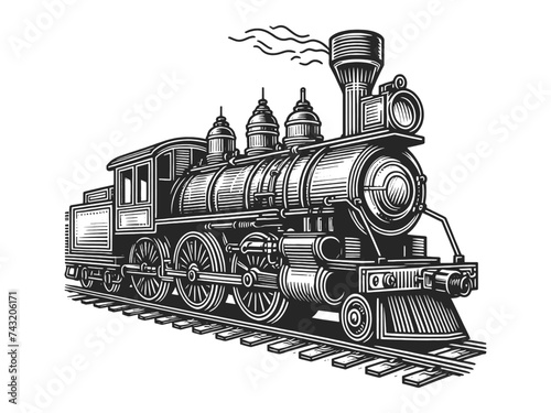 Steam locomotive train in steampunk style sketch engraving generative ai vector illustration. Scratch board imitation. Black and white image.