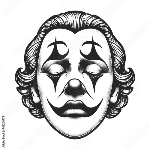 Face of sad crying circus clown in makeup sketch engraving generative ai fictional character vector illustration. Scratch board imitation. Black and white image.