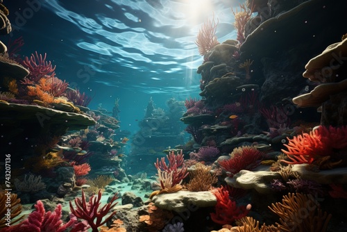 A vibrant coral reef teeming with marine life photo