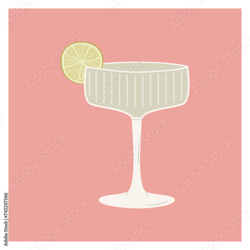 Gimlet Classic Cocktail garnish with lime slice. Classic alcoholic beverage. Summer aperitif. Minimalist alcoholic drink in trendy champagne glass isolated on background. Vector flat illustration.
