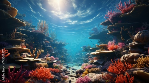 A vibrant coral reef teeming with marine life © Mahenz