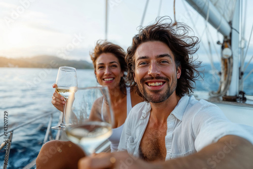 Generative AI illustration of joyful couple taking a selfie on a sailboat at sunset, clinking wine glasses with the sea in the background photo