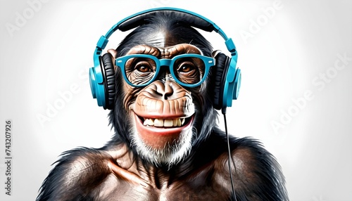Funky cartoon chimpanzee monkey with earphones blue glasses and smiling listening music with a vintage retro styling on white background isolated created with generative ai 