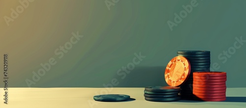 gambling casino chips standing in a pile on table on green background Generative AI photo