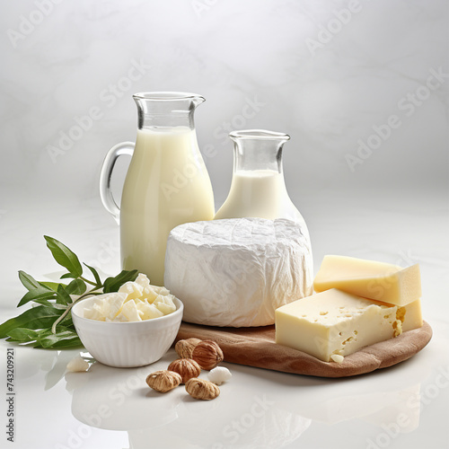 cheese set. curd. milk. a jug of milk. a piece of cheese. different types of cheese.
