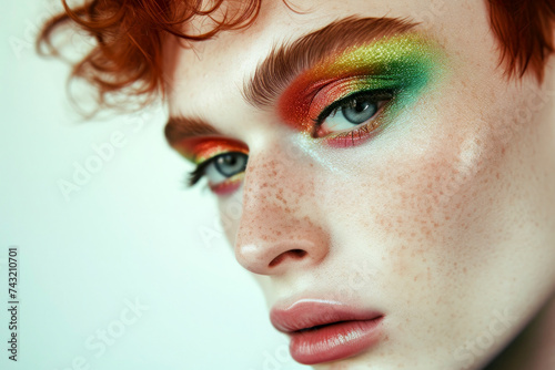 Androgynous model with vibrant rainbow makeup. Generative AI image