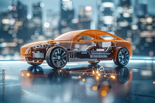 Futuristic car with transparent parts on city backdrop Generative AI image photo