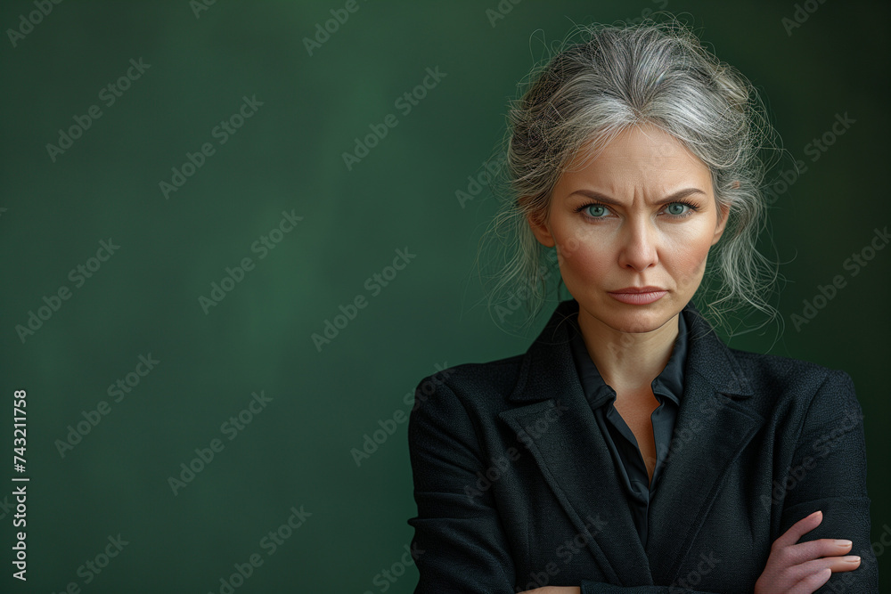 Annoyed business woman, copy space of a businesswoman in suit with expression of disappointment and disgust, envious and vindictive boss at work on a green background - obrazy, fototapety, plakaty 
