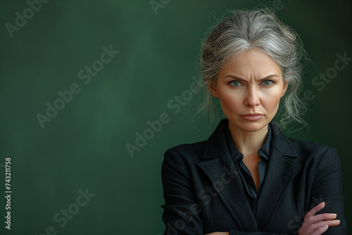 Annoyed business woman, copy space of a businesswoman in suit with expression of disappointment and disgust, envious and vindictive boss at work on a green background