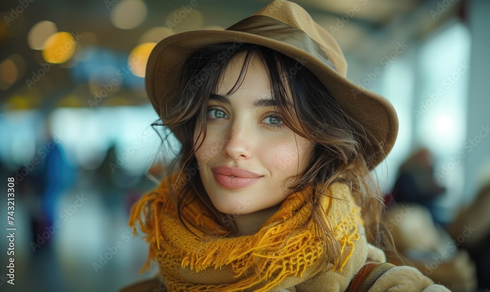 A happy excited woman ready for travel, waiting her flight in an airport A happy excited woman ready for travel, waiting her flight in an airport