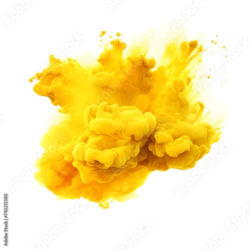 Yellow explosive smoke cloud isolated on white background, paint splashes element for design, Explosion powder