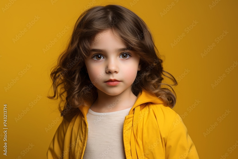 Portrait of a little girl in a yellow jacket on a yellow background Portrait of a little girl in a yellow jacket on a yellow background