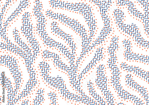 Seamless vector pattern with trailing hatched textured corals and algae. Trendy apricot crush and blue colors. for beach swimsuit, sport active wear print, fabric, textile, wallpapers
