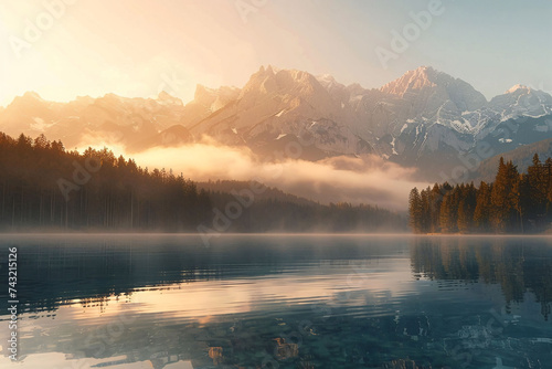 Serene Lake Sunrise with Misty Mountains and Forest Reflections