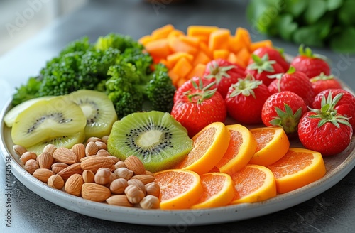 A vibrant display of nourishing whole foods, featuring juicy strawberries and fresh tomatoes, arranged beautifully on a plate as a vegetarian meal option for a health-conscious individual photo