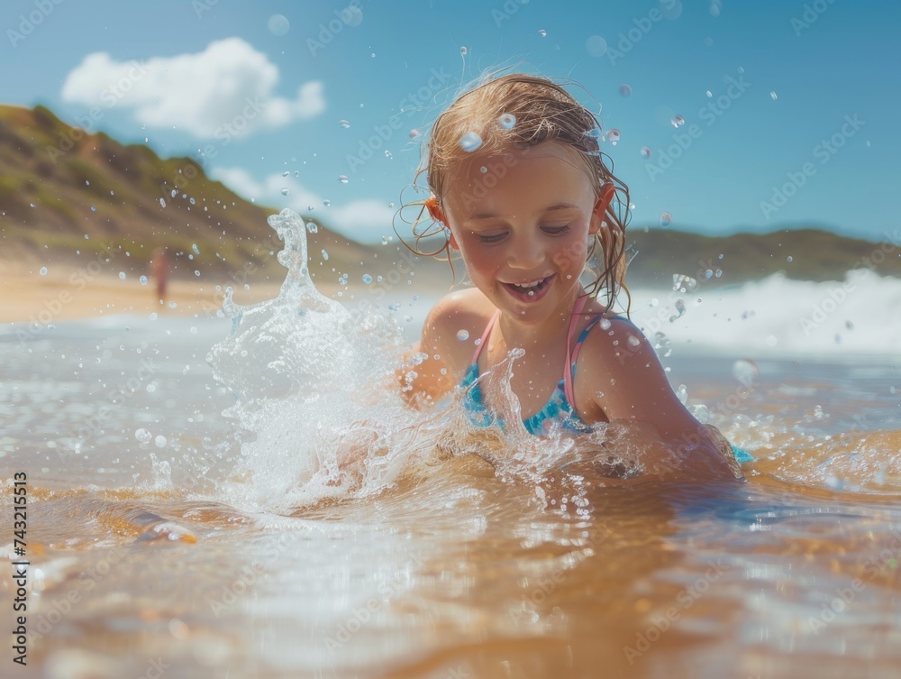 Obraz premium A carefree young girl enjoys the warm summer sun as she gleefully splashes in the ocean waves, her swimsuit glistening under the clear blue sky