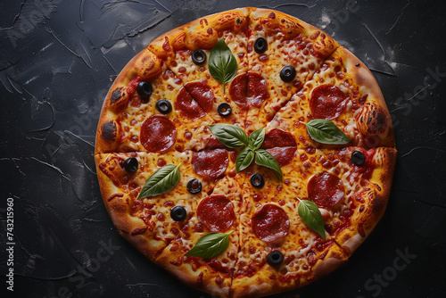 photo de pizza appétissante, pour menu, restaurant, pâte à pizza sauce tomate, fromage, gruyère râpé, pepperoni, feuilles de basilic, olives noires. 