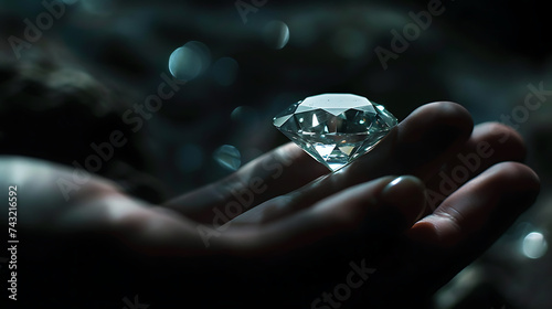 a person holding a diamond in their hand with a dark background and a blurry image of the diamond