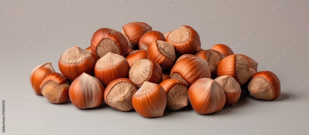 A cluster of hazelnuts filbert sits atop a wooden table, creating a small pile of nuts against a plain backdrop.