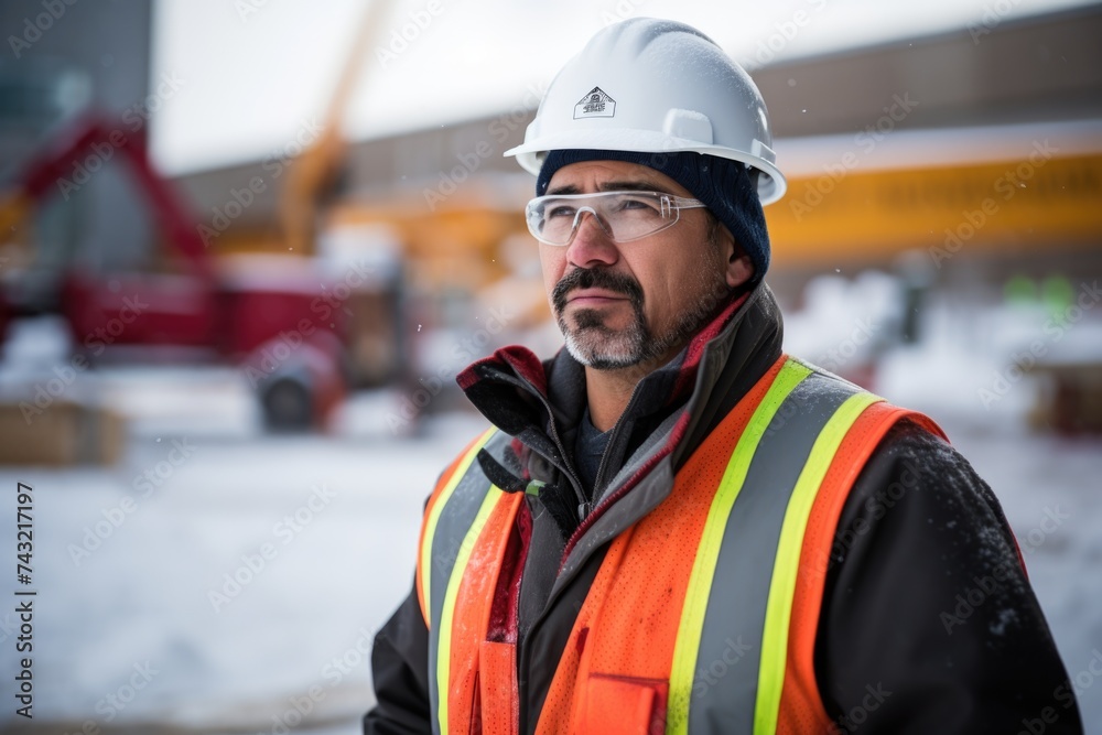 Construction Worker in Hard Hat and High Visibility Jacket on Site in Winter Construction Worker in Hard Hat and High Visibility Jacket on Site in Winter