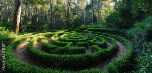 Eucalyptus labyrinth in cool greens.