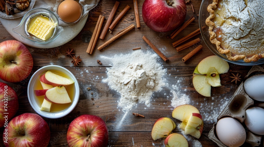 Top-down view of baking ingredients, ideal for recipe websites, culinary blogs, or cooking tutorials. Top-down view of baking ingredients, ideal for recipe websites, culinary blogs, or cooking tutorials.