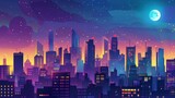 Futuristic cityscape at night with neon lights and a starry sky, ideal for concepts of urban development and sci-fi settings.