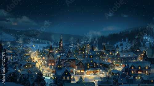 Vibrant night scene of a whimsical village with illuminated windows, set under a starry sky and a large moon, reflecting on water. Ideal for fantasy and storybook themes.