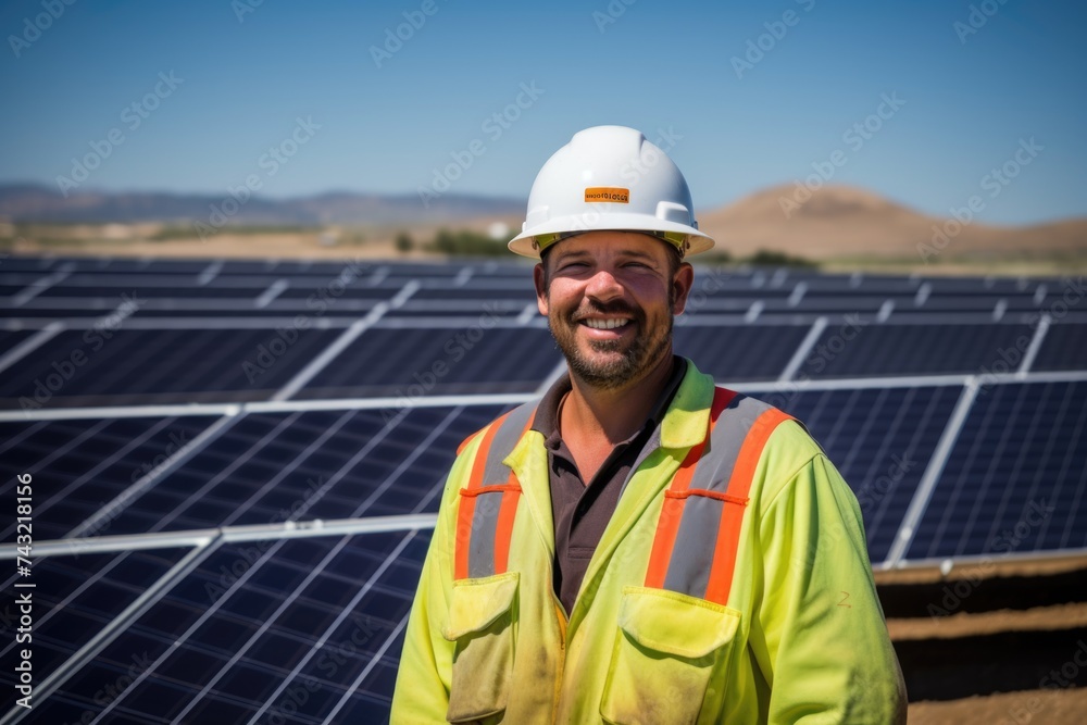 Happy Engineer with Hard Hat at Solar Farm Happy Engineer with Hard Hat at Solar Farm