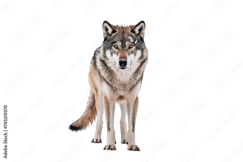 Gray wolf standing, full body, isolated on white background