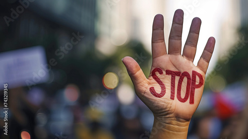 Hand of person with the word stop during protest over blurred background with copy space