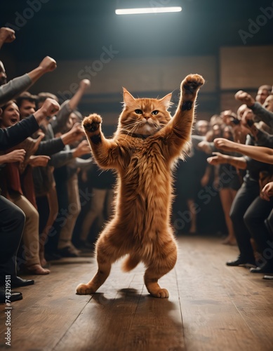 A Felidae, carnivorous mammal known as a cat, is standing on its hind legs in front of a crowd of people at an event, showcasing its small to mediumsized body, whiskers, and snout in a gesture photo