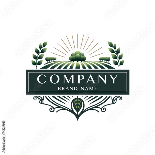 Stylish flat minimalistic logo design: modern graphic elements with abstract farm (outline shapes) in color on white background for agriculture and farm organic products in premium vector