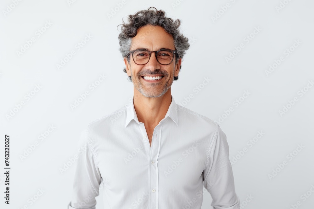 Portrait of handsome man in white shirt and eyeglasses looking at camera