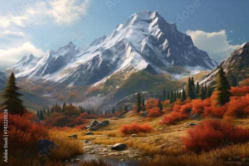 Mountain range with autumn trees in foreground.