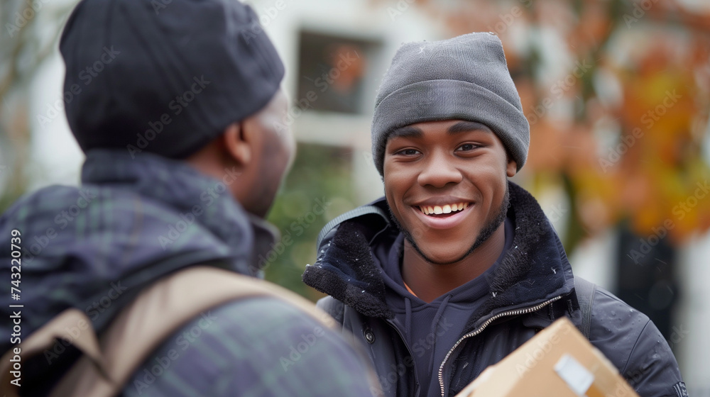 African American Delivery Person Ensuring Customer Satisfaction in Package Handover African American Delivery Person Ensuring Customer Satisfaction in Package Handover