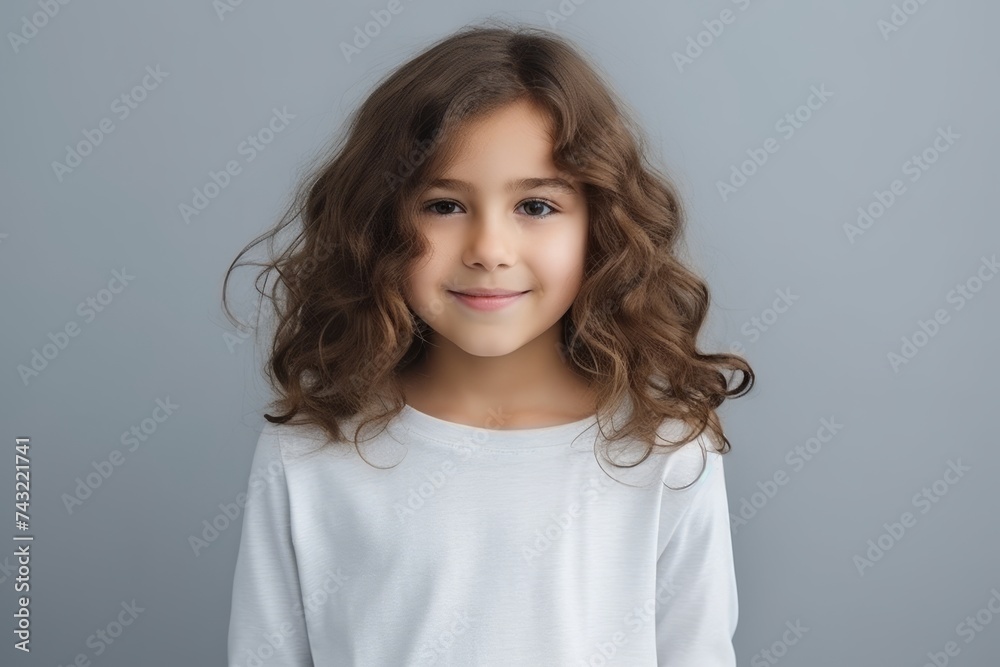 Portrait of a cute little girl with long curly hair on grey background