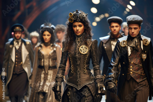 Steampunk fashion show with avant-garde outfits, metalwork, gears, clockwork details, and applauding audience.