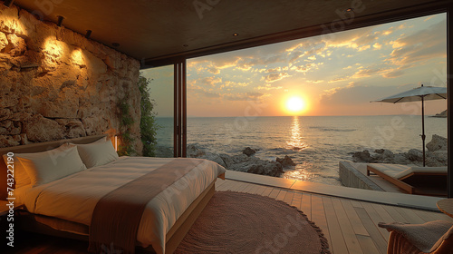 Luxury bedroom with large bed and sea view