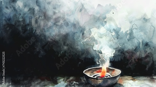 Ash Wednesday. Smoke coming out of a burner. Watercolor painting photo