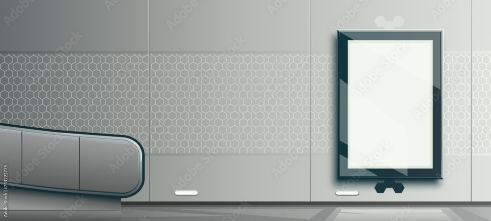 Panel wall with polygonal pattern. Interior design of a hall with an escalator, illuminated billboard. Industrial equipment, lightbox template A4 format. Mockup glass glossy panel. Vector illustration